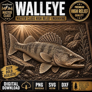 Op de afbeelding: Een digitale hoogreliëf gravure van een snoekbaars op een rechthoekige plaat. Het ontwerp bevat de tekst WALLEYE, MASTER CLASS HIGH RELIEF ENGRAVING, DEEP. BOLD. REALISTIC. en de bestandsformaten PNG, SVG, DXF. De vis is onder water afgebeeld.