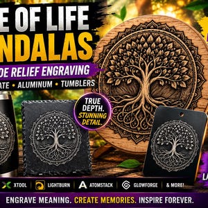 Tree of Life Mandalas Cel-Shade Relief Laser Engraving PNG | Wood, Slate, Aluminum & Tumbler Design