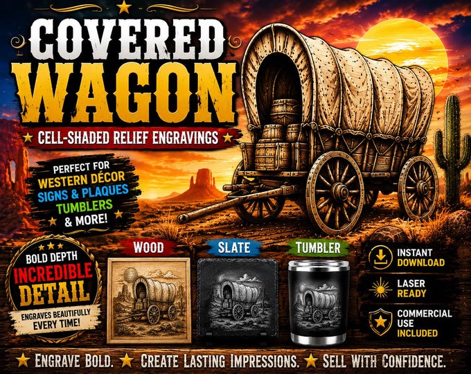Featured listing image: Covered Wagon Cell-Shaded Relief Engraving PNG | Western Pioneer Laser Engraving File for Wood, Slate & Tumblers | xTool