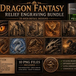 May include: A digital bundle titled Dragon Fantasy Relief Engraving Bundle featuring 10 high-detail square images of dragons, knights, and mythical scenes. Includes text labels for XTool F2 Ultra compatibility, 10 PNG files, and premium quality stamps.