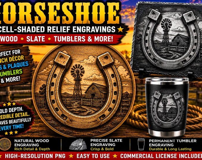 Featured listing image: Lucky Horseshoe Cell-Shaded Relief Engraving PNG | Western Ranch Laser Engraving File for Wood, Slate & Tumblers | xTool