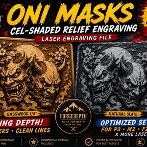 May include: A digital advertisement for Oni Masks laser engraving files featuring two rectangular panels, one in light brown basswood and one in dark grey natural slate, both displaying a relief carving of two horned Oni faces and cherry blossoms.
