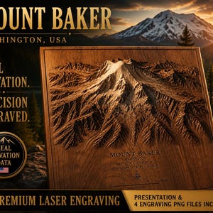 Bundel met terreinportretten van Mount Baker | Presentatie en 4 graveer-PNG-bestanden | Premium lasergravure | Muurdecoratie met berglandschap van Washington