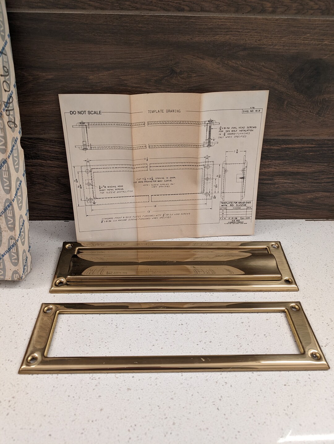Vintage 1970's Solid Brass Mail Slot // New in Original Box // 2 Piece
