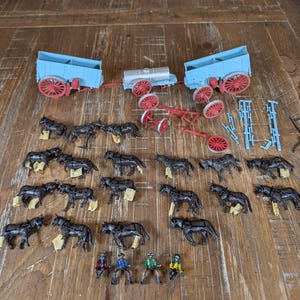 May include: A collection of miniature toy figures including two light blue wagons with red wheels, a silver tanker, several dark brown horses, and four small figures in colorful clothing, along with various red and blue plastic wagon parts.