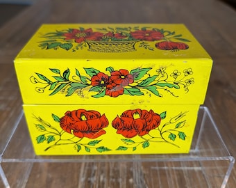 Vintage 1960's Yellow Floral Metal Recipe Box by Syndicate - Filled with Recipes