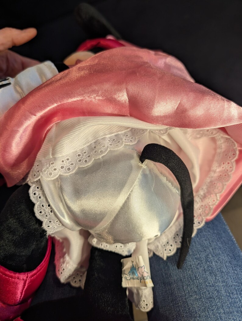 Peut inclure: Une poup&eacute;e en peluche de Minnie Mouse, vue de dos, avec une robe en satin rose et un jupon blanc bord&eacute; de dentelle. La poup&eacute;e a une queue noire et une &eacute;tiquette "Disneyplan".