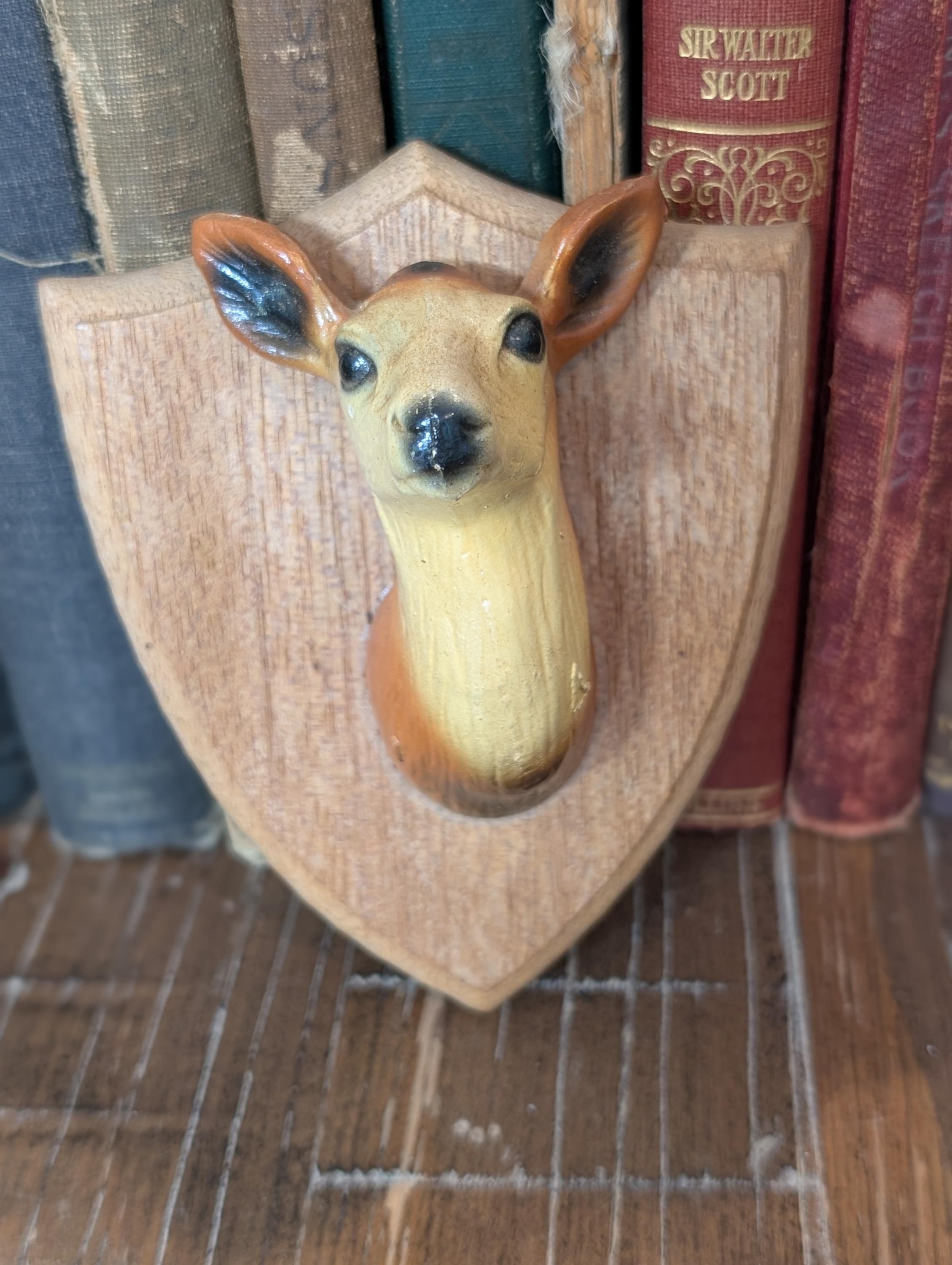 Vintage Wood Mounted Resin Deer Head // Miniature Log Cabin Wall