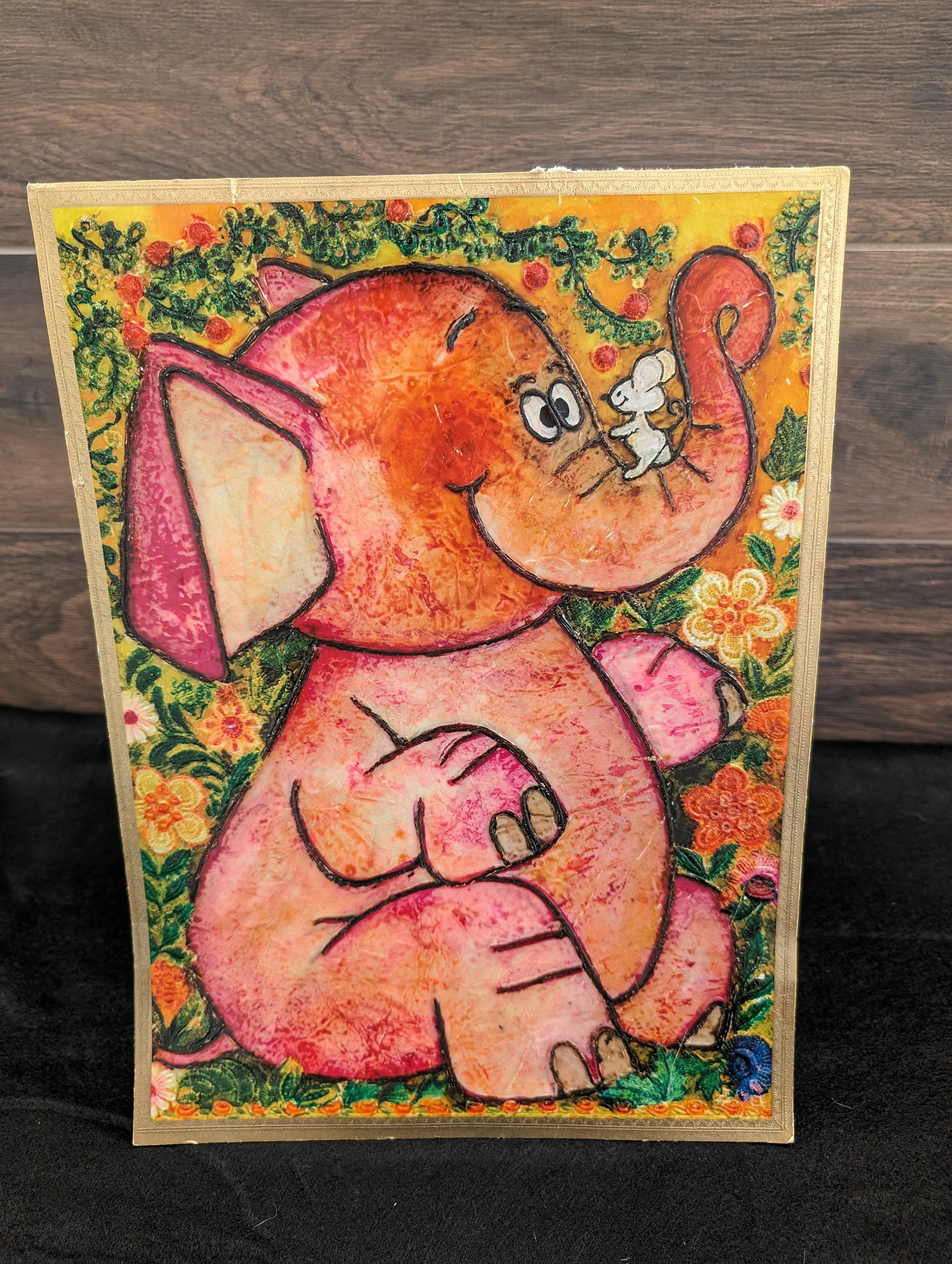 Vintage 1970's Jumbo Hallmark Birthday Love Anniversary Card // Groovy Elephant // Psychedelic Pink & Yellow Huge Card