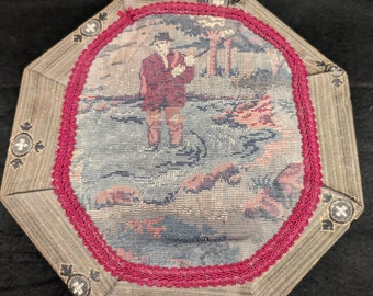 1940s Handmade Decorated Hat Box: Antique Tapestry - Fly Fishing