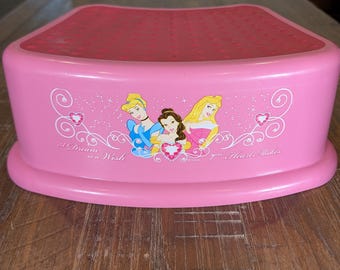 Vintage 1990's Disney Princesses Pink Step Stool - Aurora, Cinderella, Belle - Non Slip Potty Helper