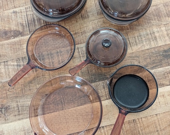 Corning Visions Amber Brown Cookware // Your Choice of Vintage Saucepan, Waffle Bottom Skillet, Covered Casserole