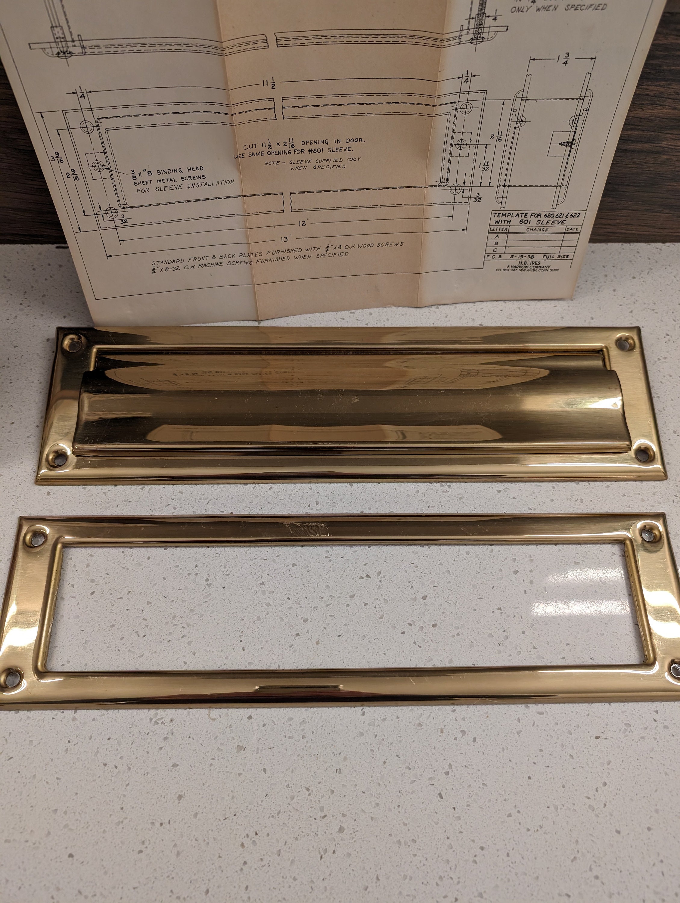 Vintage 1970's Solid Brass Mail Slot // New in Original Box // 2 Piece