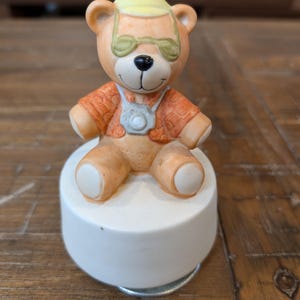 Teddy Bear Music Music Box  // Plays &quot;You Light Up My Life&quot; // Ceramic Teddy Bear Musical Wind Up