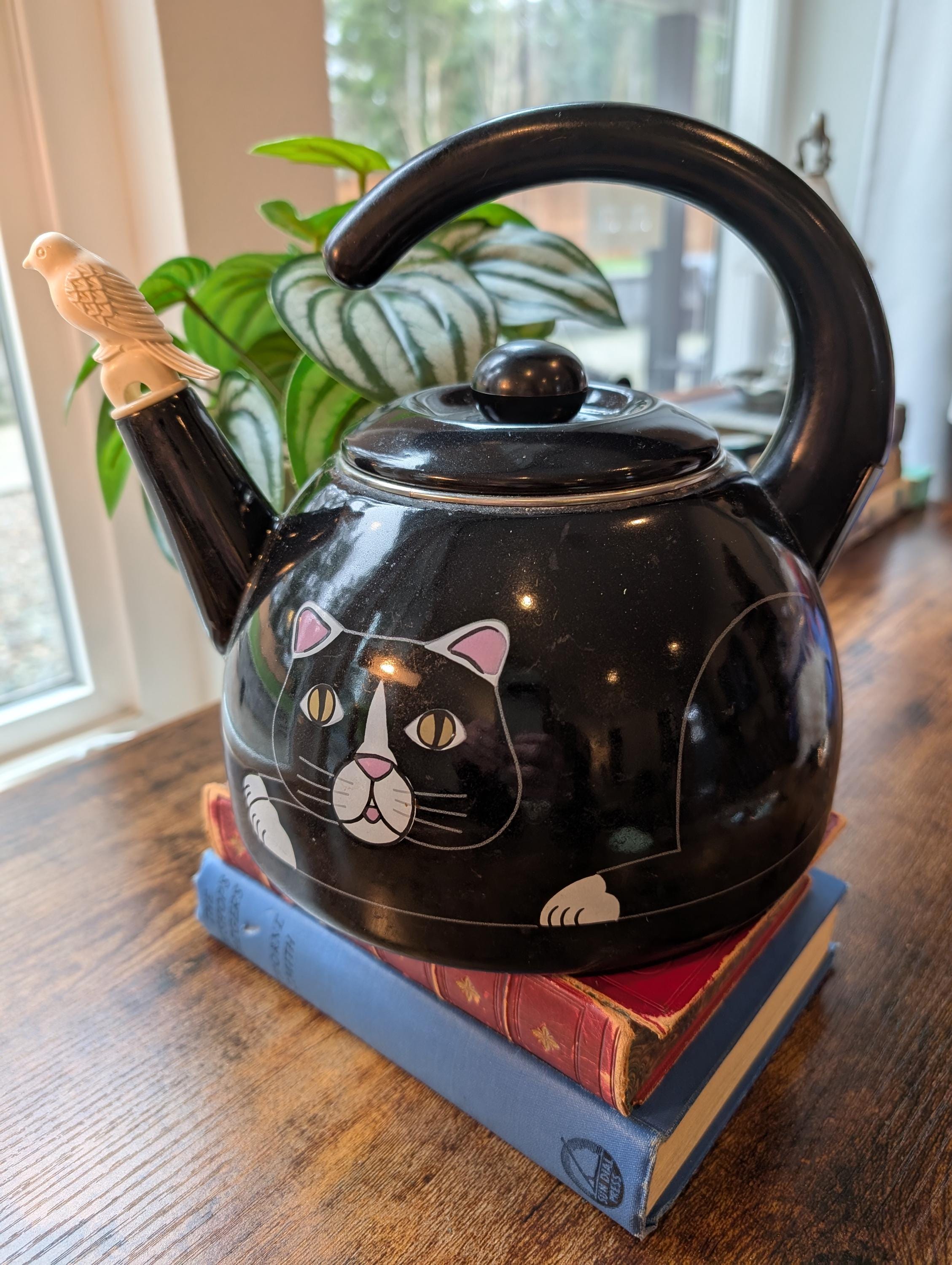 Vintage Kamenstein Black Cat Tea Kettle With a Bird Whistle