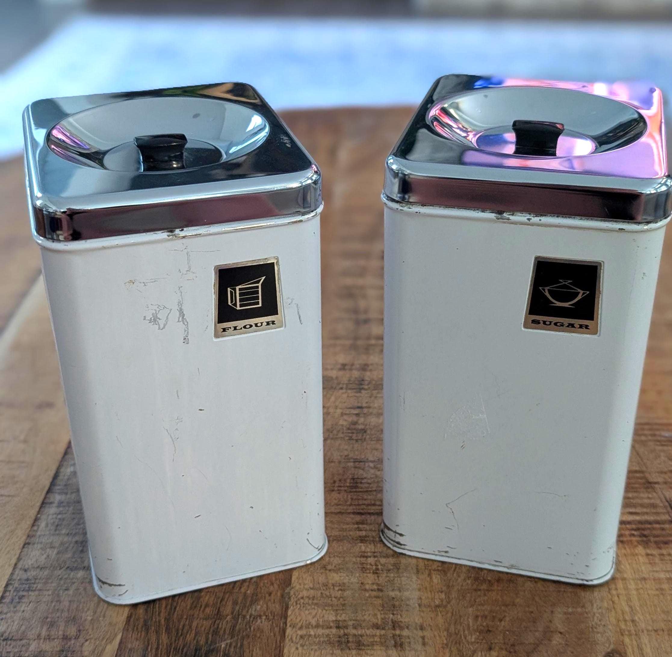 Mid Century White Metal & Chrome Flour/ Sugar Canister Set- 1950's