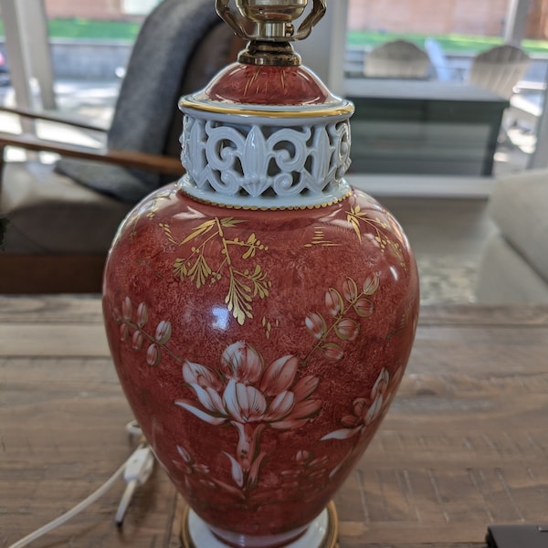 1940's Rosenthal Kunstabteilung Selb Bronze Base Porcelain Signed Table Lamp // Russet Red Gold and White // Stunning Decorator Piece!