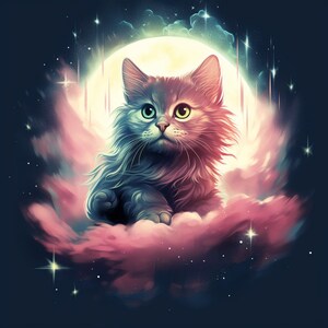 Peut inclure: Un chat bleu et rose, duveteux, est assis sur un nuage devant une pleine lune. Le chat a les yeux verts et regarde vers le haut. L'arrière-plan est bleu foncé avec des étoiles.
