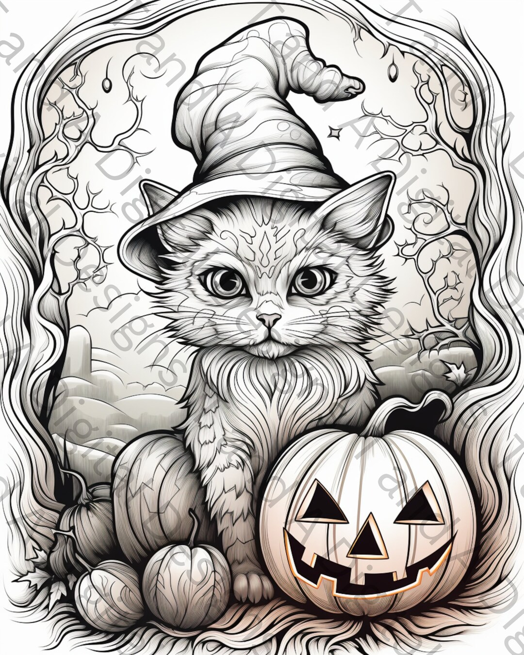 Halloween Kitty Cat Coloring Page Instant Download, Relaxing Art