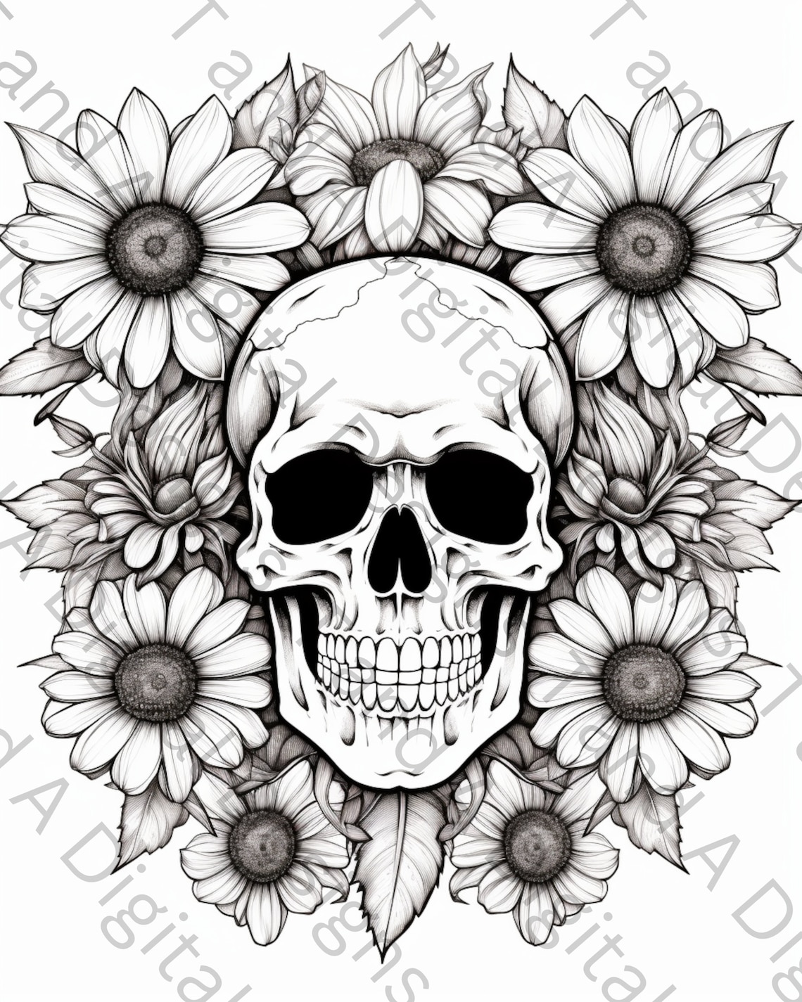 Flowers and Skull Coloring Page Instant Download, Relaxing Art Therapy ...
