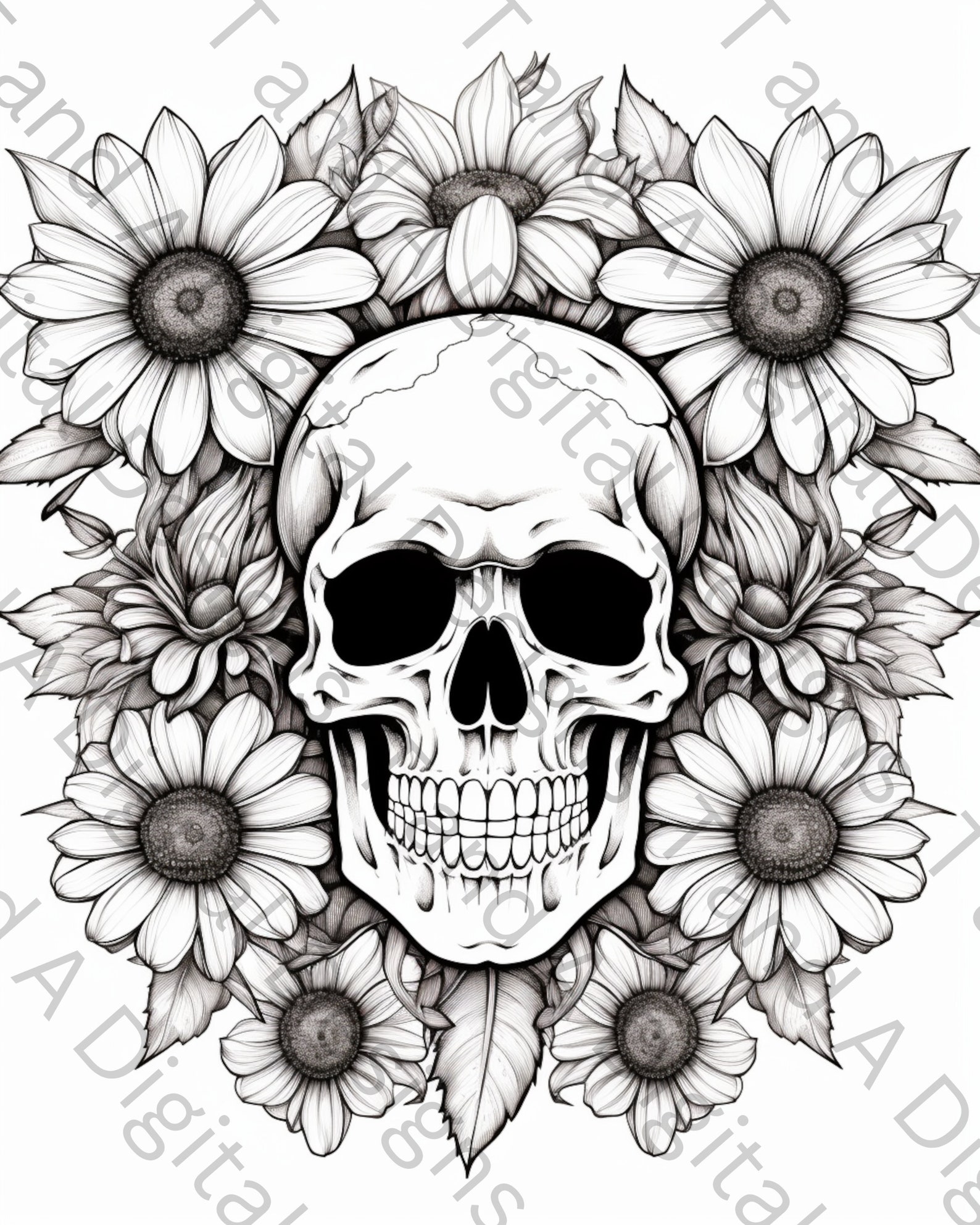 Flowers and Skull Coloring Page Instant Download, Relaxing Art Therapy ...