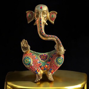 Brass Ganesh Stonework Statue 14 Inch (7 kg/ 15.50 lbs), Mosaic Stonework Lord Ganesha Idol, Ganesh Figurine Hindu God Ganpati Murti