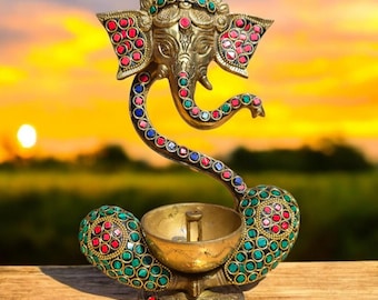 Handcrafted Brass Ganesha Diya Lamp with Colorful Stone Inlay, Traditional Indian Oil Lamp for Home Décor, Meditation, and Celebrations