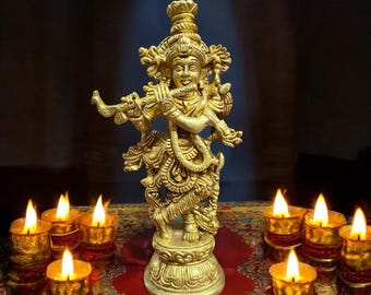 Krishna Brass Statue 24 CM/ 2.1 kg (4.6 lbs), Brass krishna Sculpture, High Quality Brass Lord Krishna Morti, Super Fine Brass Finishing