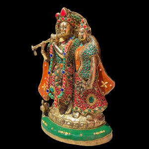 Brass Radha Krishna Statue with Vibrant Stone Work, Symbol of Love and Devotion, Perfect for Home Décor, Spiritual Altar and Meditation