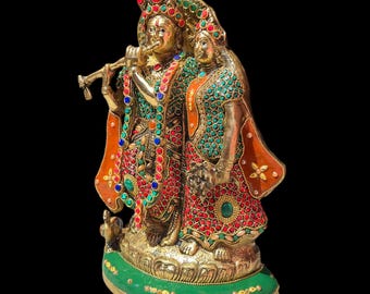 Brass Radha Krishna Statue with Vibrant Stone Work, Symbol of Love and Devotion, Perfect for Home Décor, Spiritual Altar and Meditation