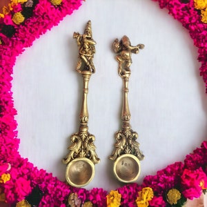 Messing Ganesha- en Krishna-lepelcombinatie, Hawan-lepel, Pooja-lepel, Yagya-lepel, Ganesha-lepel, Krishna-lepel, koperen aanbiddinglepel, koperen lepel