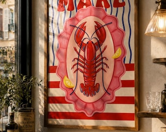 Lobster Kitchen Wall Art Print, Coastal Seafood Poster, Mediterranean Decor (Digital Download)