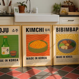 Korean Food Poster Set: Kimchi, Bibimbap, Soju (Digital Download)