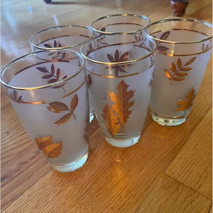 Set of Five (5) Vintage Gold Rimmed Fall Themed Dinner Glasses