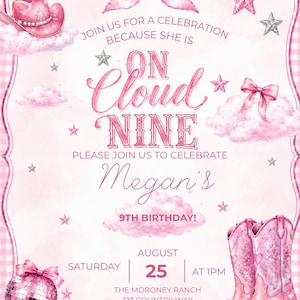 May include: A pink birthday invitation card featuring a cowboy hat, disco ball, and cowboy boots on clouds. Text reads: JOIN US FOR A CELEBRATION BECAUSE SHE IS ON CLOUD NINE, Megan's 9TH BIRTHDAY, SATURDAY AUGUST 25 AT 1PM, THE MORONEY RANCH 123 COUNTRY WAY NASHVILLE, TN 37201, RSVP +1 404-800-6373.
