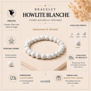 Bracelet Howlite Blanche, Pierre véritable naturelle, 4/6/8/10 mm, Apaisement & Sérénité, Blanc marbré veines grises