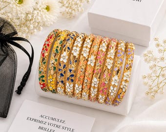 Bracelet Jonc Floral Thaïlandais, Bracelet Doré Femme, Plusieurs Couleurs, Style Bohème Chic, Bracelet Empilable