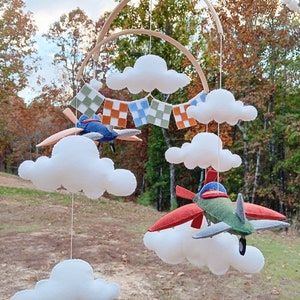 Felt Airplane Baby Mobile: Cloud & Checkered Flag Nursery Decor