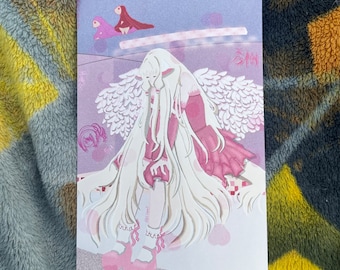 May include: A pink and white paper cut-out art piece featuring a female figure with long white hair and wings. The figure is wearing a pink dress and white shoes. The background is a light purple with a pink and white checkered pattern. The text "愛" is visible in the upper right corner of the image.