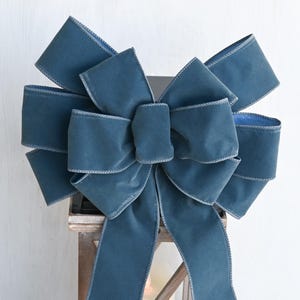 Antique Blue Velvet Wreath Bow: Hand-Tied Wired Ribbon for Lanterns Mantels & Garlands- Winter Holiday Bow, Front Door Decoration, Blue Bow