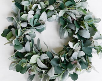 Lambs Ear and Eucalyptus Wreath, Year-Round Front Door Wreath- Cottage Style Decor, Green Front Porch Outdoor Wreath