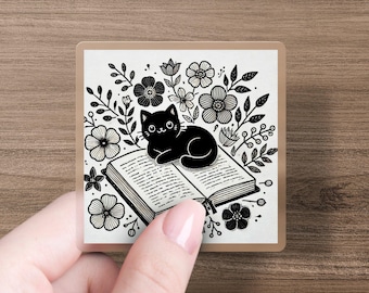Bookish Black Cat Sticker, Cute Floral Cat Vinyl Decal, Aesthetic Book Lover Gift, Literary Cat Sticker for Readers, Cat Moms & Dads