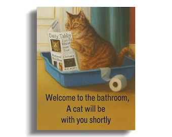 Welcome to the Bathroom Cat Canvas, Funny Cat Bathroom Wall Art, Tabby Reading Newspaper Print, Quirky Restroom Decor, Cat Housewarming Gift