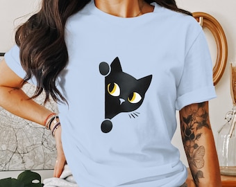Cute Black Cat Peeking T-Shirt, Funny Kitty Graphic Tee, Adorable Cat Lover Gift, Minimalist Cat Shirt for Women, Casual Pet Apparel