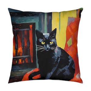 Black Cat Throw Pillow, Colorful Cat Cushion Cover, Cozy Home Decor, Living Room Accent, Cat Lover Gift, Decorative Cat Pillow
