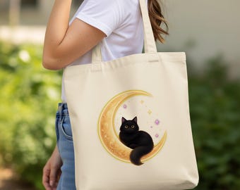 Fluffy Cat Tote Bag, Celestial Cat Canvas Bag, Witchy Cat Book Tote, Cottagecore Cat Mom Gift, Cat Lover Everyday Bag