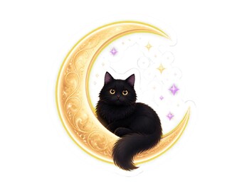 Fluffy Cat Kiss Cut Sticker, Black Cat Crescent Moon Vinyl Decal, Witchy Laptop Sticker, Celestial Cat Journal Sticker