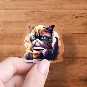 Cute Grumpy Cat Sticker, Blue-Eyed Cat Drinking Coffee Decal, Funny Cat Sticker for Laptop, Tablet, Water Bottle, Scrapbooking, Funny Gift