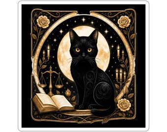 Witchy Cat Sticker, Black Cat on Books with Moon and Stars, Mystical Reader Gift for Cat Lovers