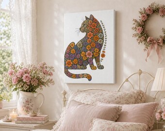 Marigold Floral Cat Art Print, Botanical Cat Wall Art, Gift for Cat Lovers, Whimsical Floral Decor, Cottagecore Cat Art